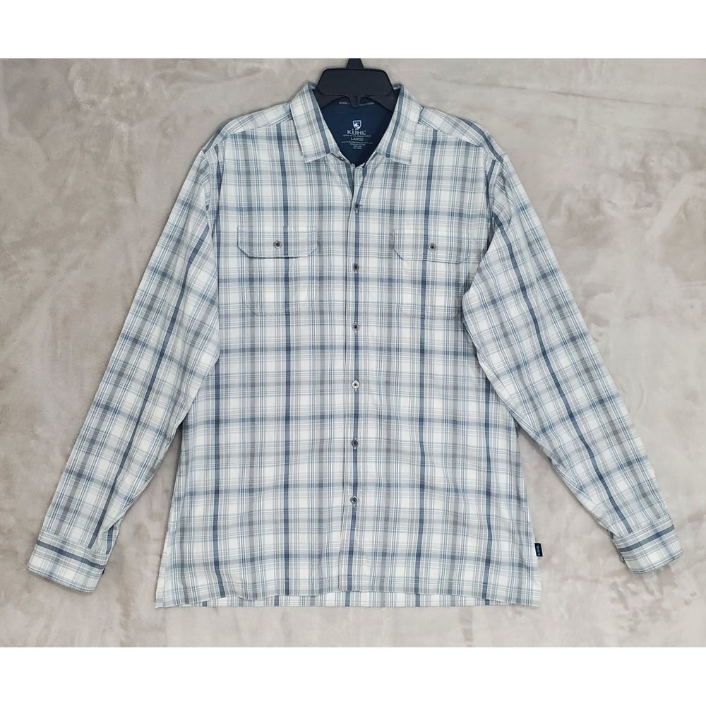 Kuhl Blue & White Plaid Shirt Mens L Long Sleeve Button Down Hiking Outdoors EUC
